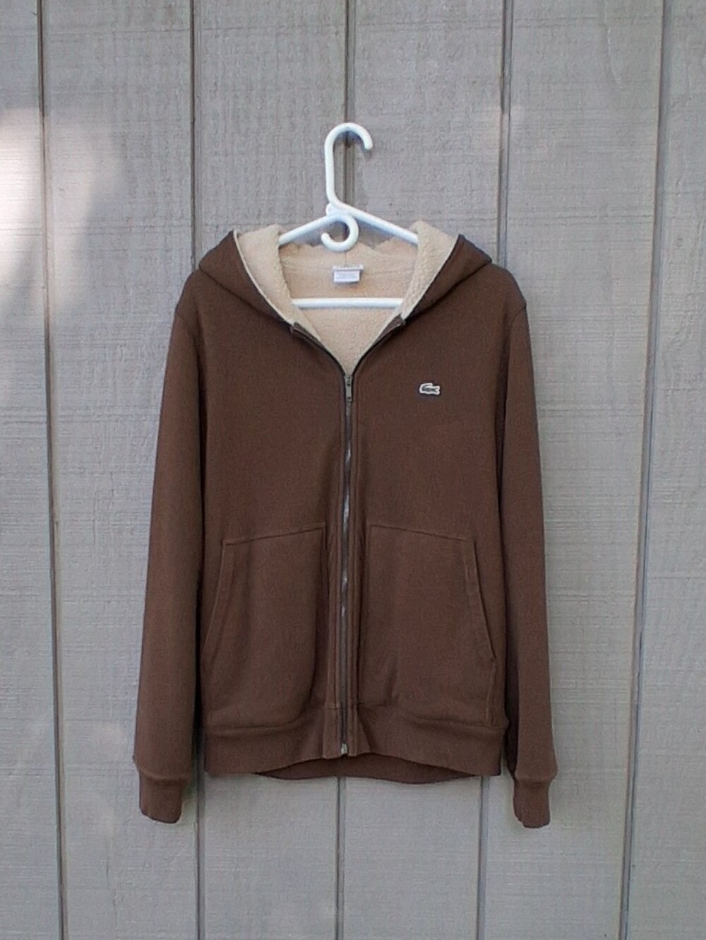 Lacoste Brown Sherpa Lined Zip Up Hoodie Sweatshirt Jacket Coat Mens Large